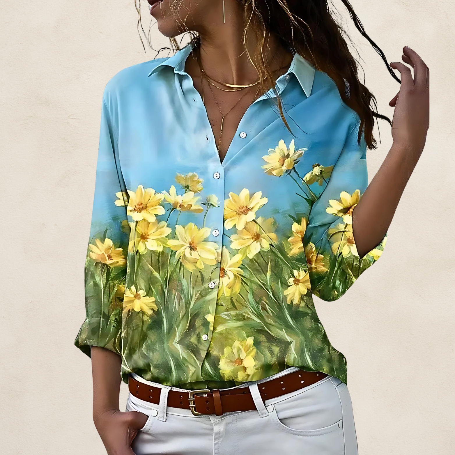 Dames blouse met V-hals, knoopsluiting en print
