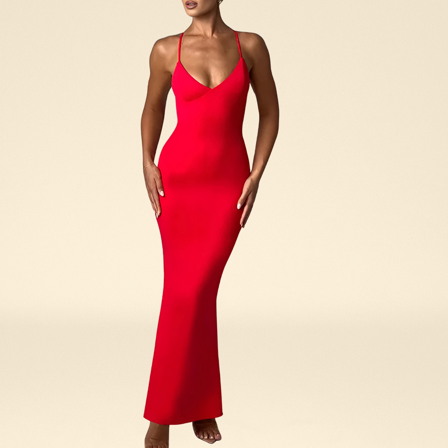 Bodycon jurk met open rug, gekruiste bandjes en diepe V-hals