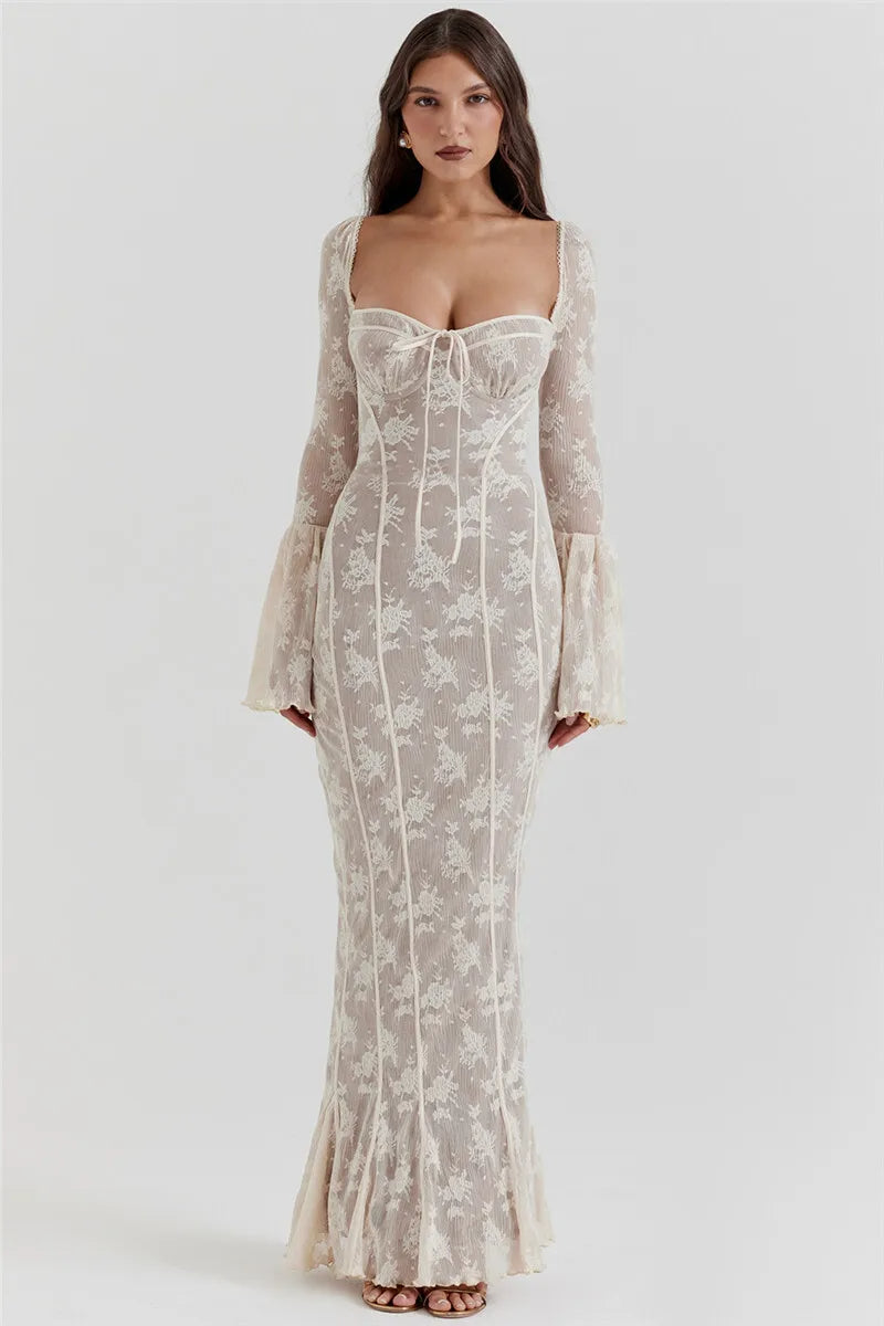 Celeste Lace Maxi Jurk – Lange kanten met wijde mouwen