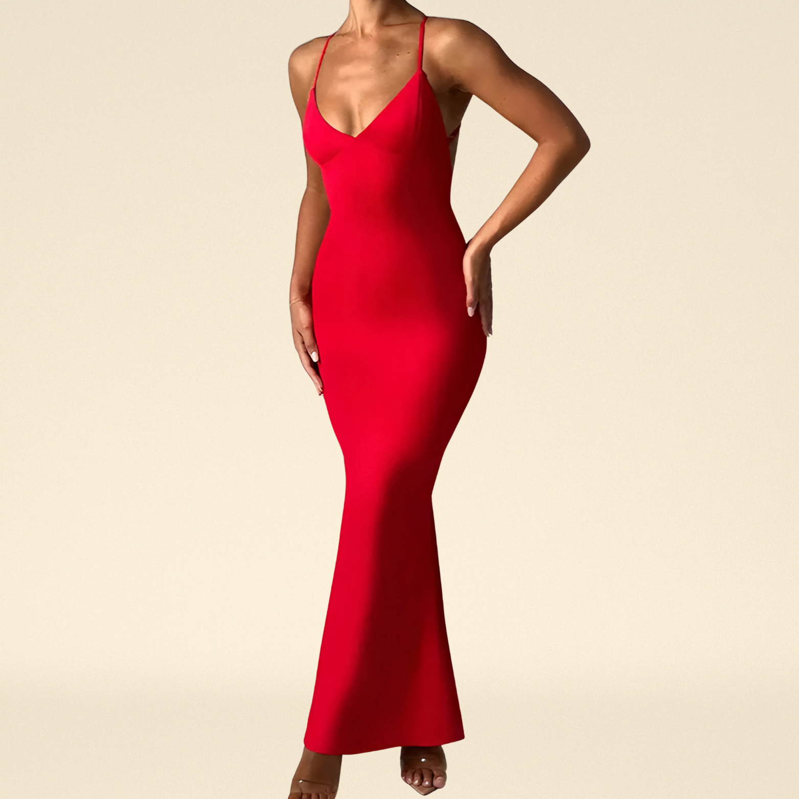 Bodycon jurk met open rug, gekruiste bandjes en diepe V-hals