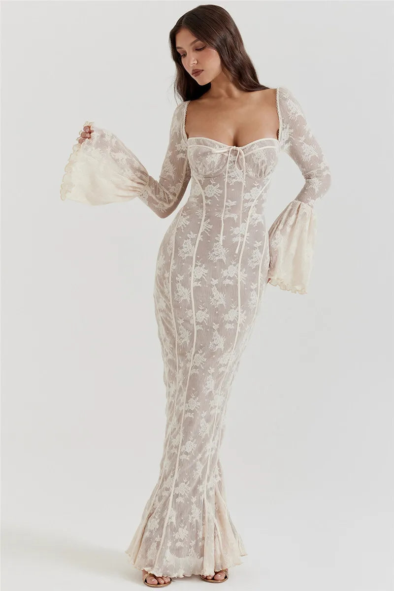 Celeste Lace Maxi Jurk – Lange kanten met wijde mouwen