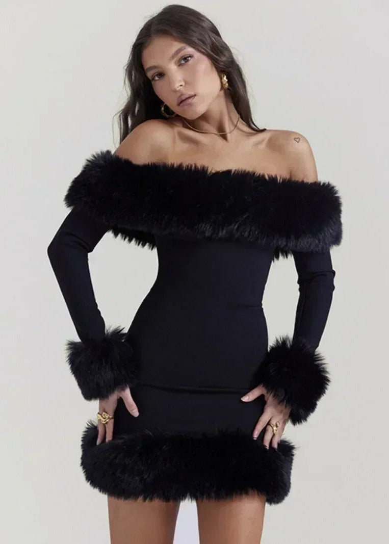 Eva - Elegante en Stretchy Furry Off-Shoulder Jurk