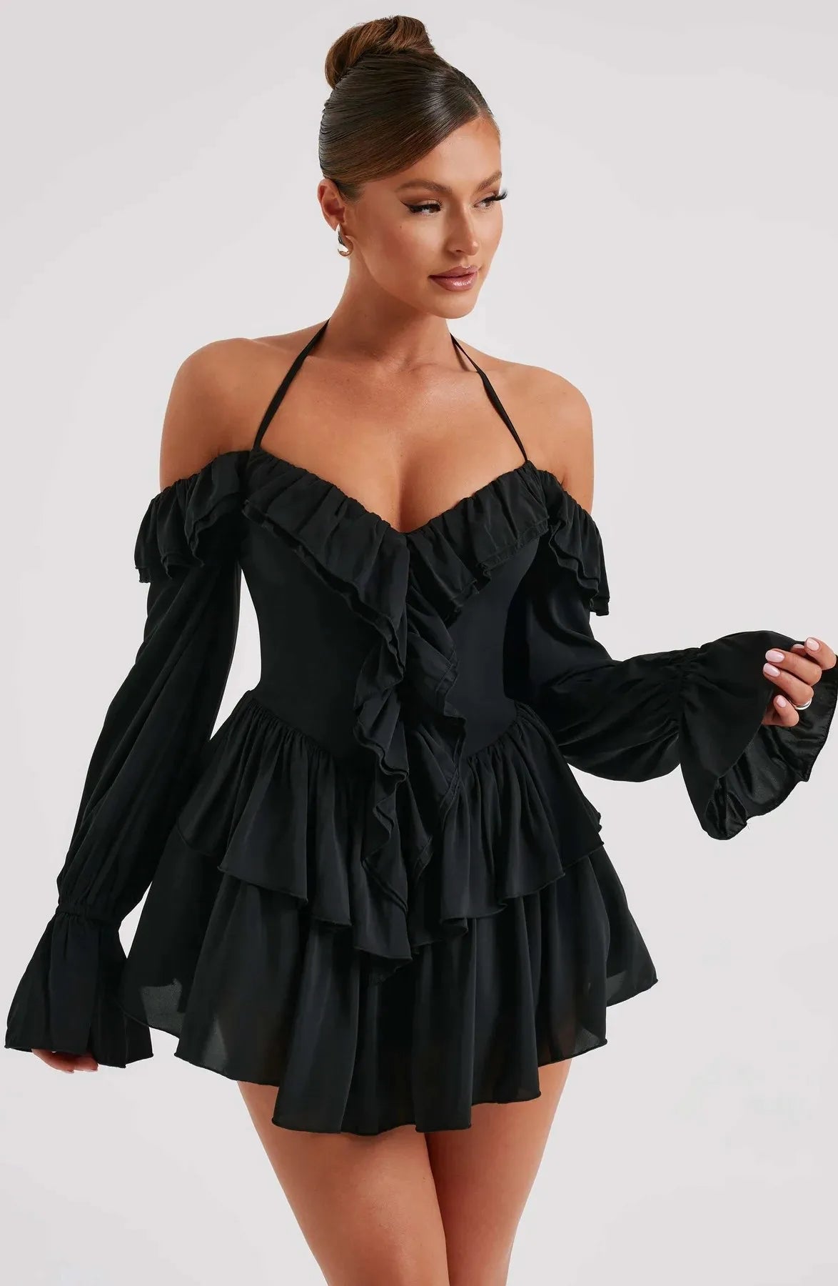 Celestia Off-Shoulder Mini Jurk – Jurk met Ruches & Wijde Mouwen