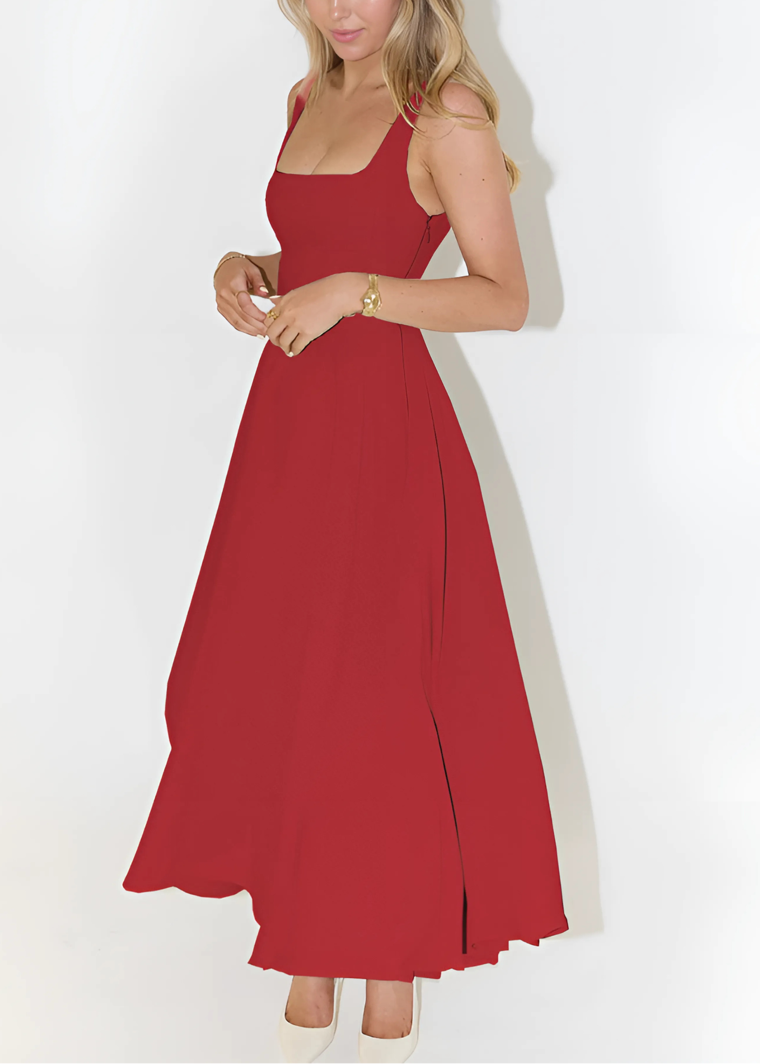 Dames maxi jurk met brede bandjes en vierkante hals
