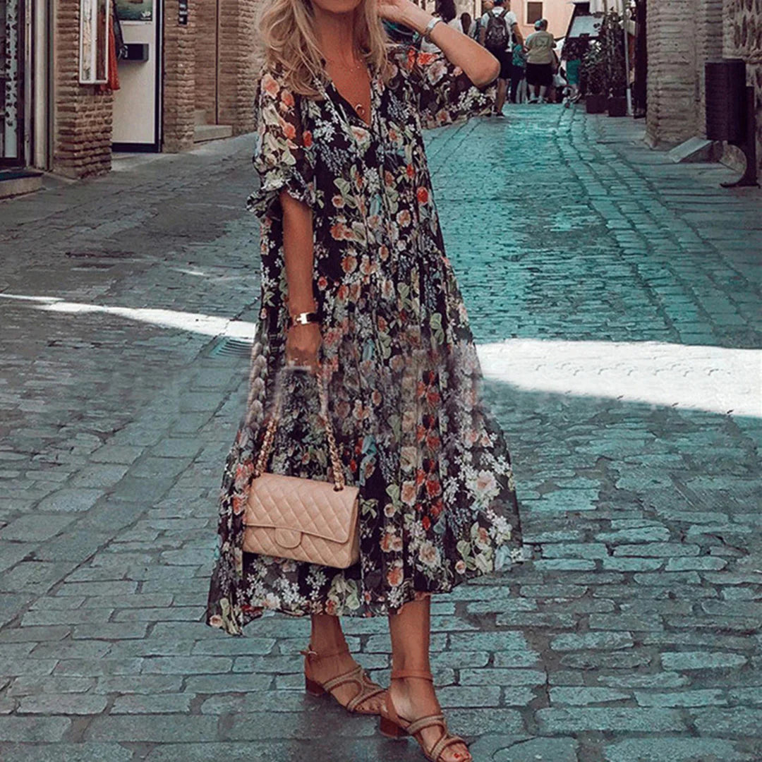 Floressa – Bloemenprint A-lijn met V-Hals