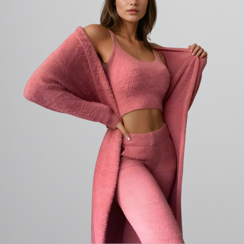 Dames 3-delige set met cropped top, broek en cardigan