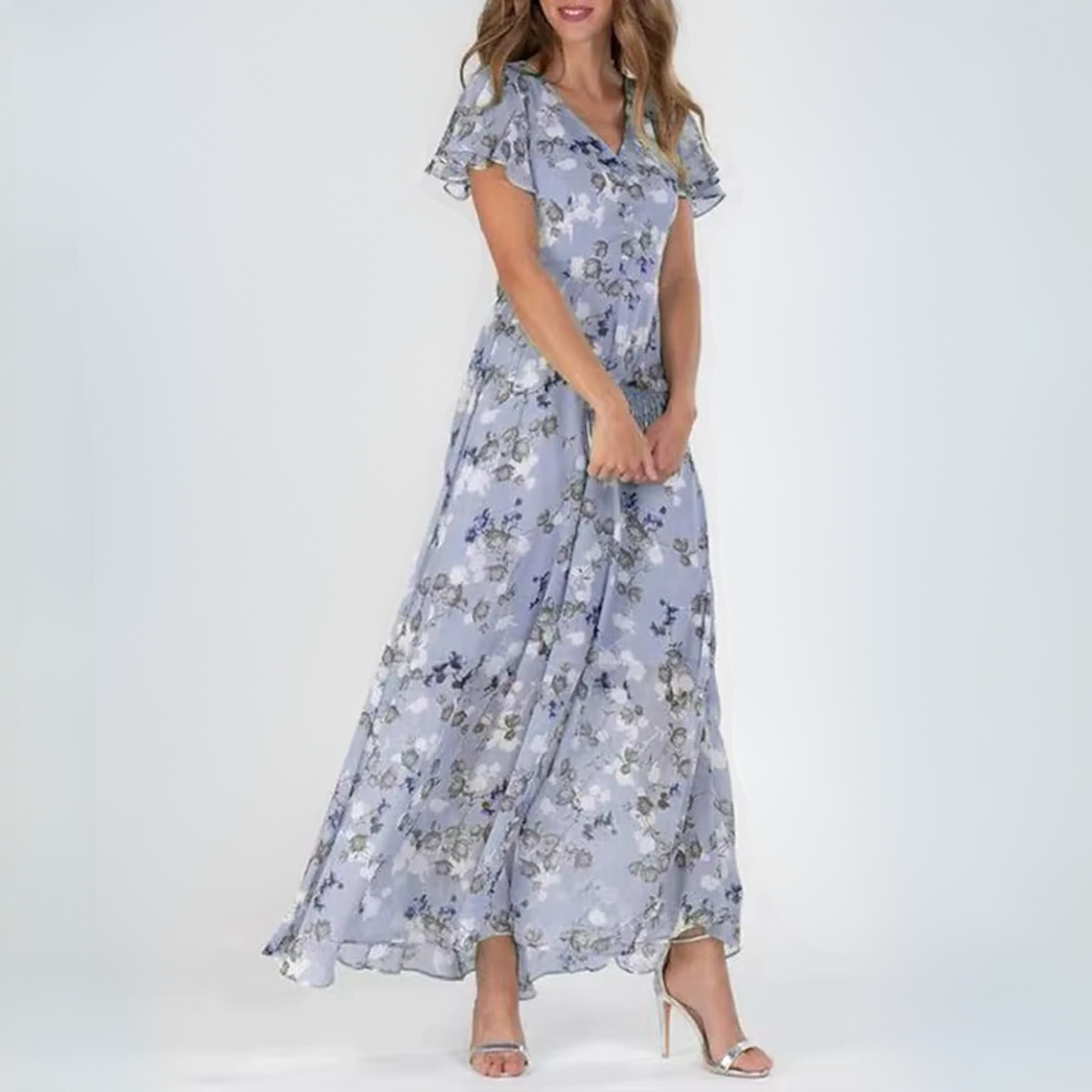 Amara - Elegante Luchtige Maxi BloemenJurk met V-hals