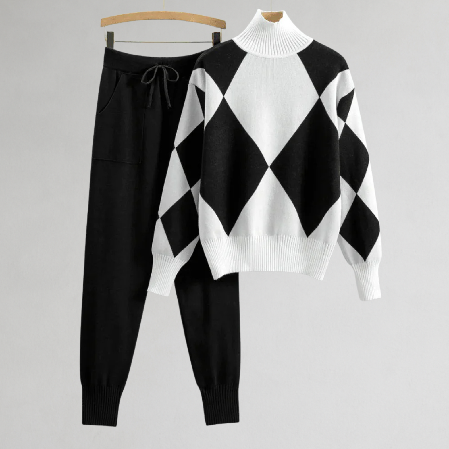 Dames trui en broek set met ruitmotief – 2-delig