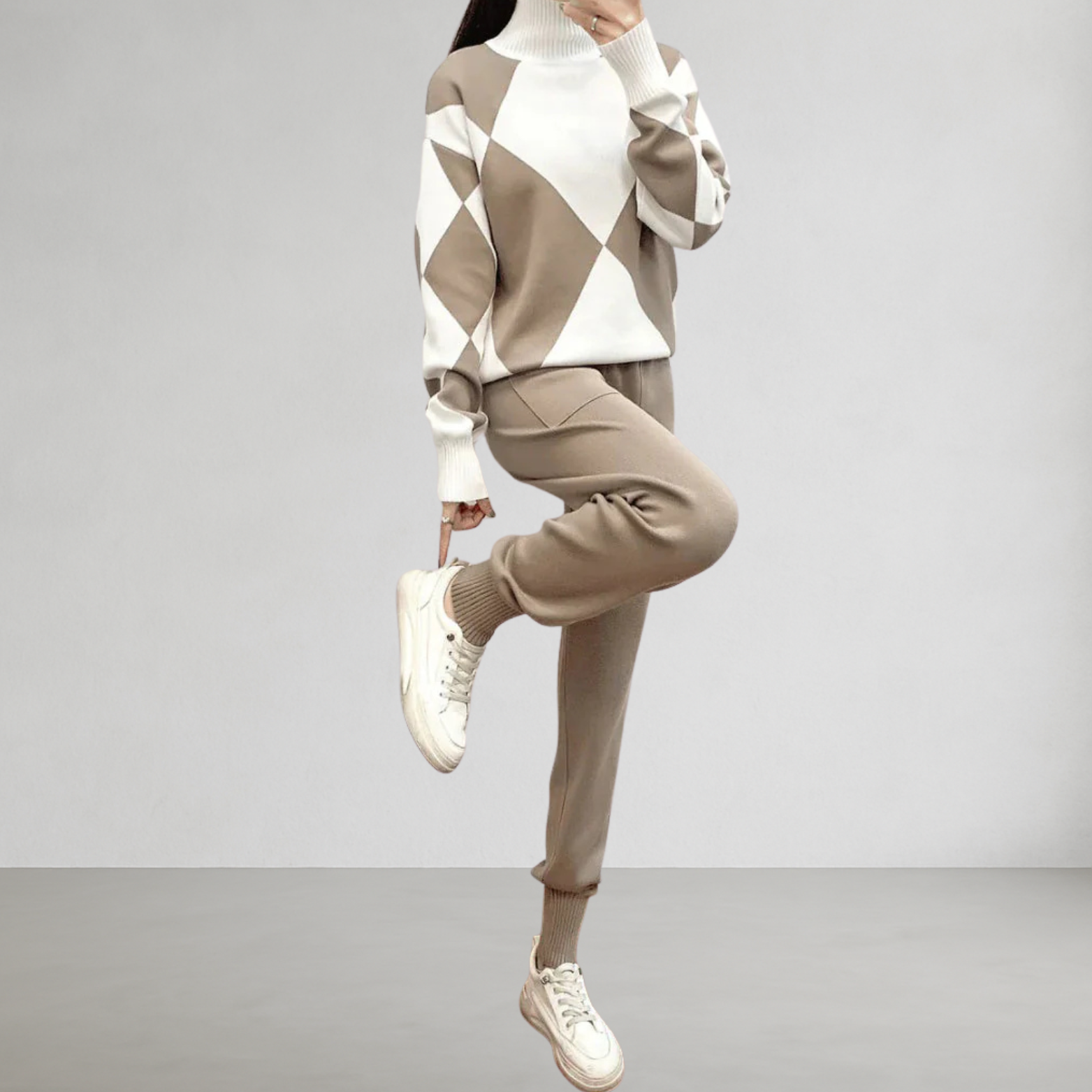 Dames trui en broek set met ruitmotief – 2-delig
