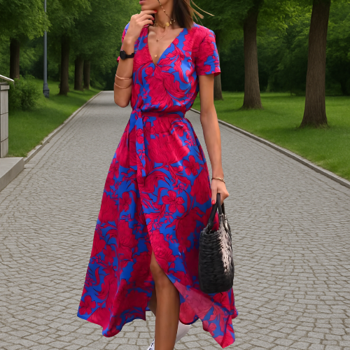 Maxi jurk met V-hals, striksluiting en bloemenprint