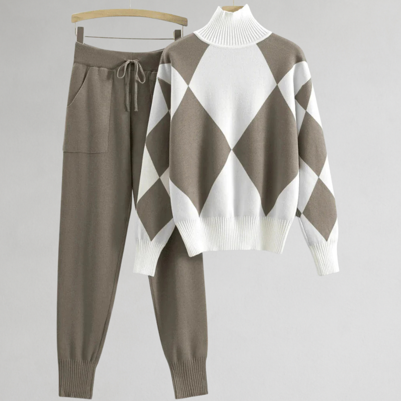 Dames trui en broek set met ruitmotief – 2-delig