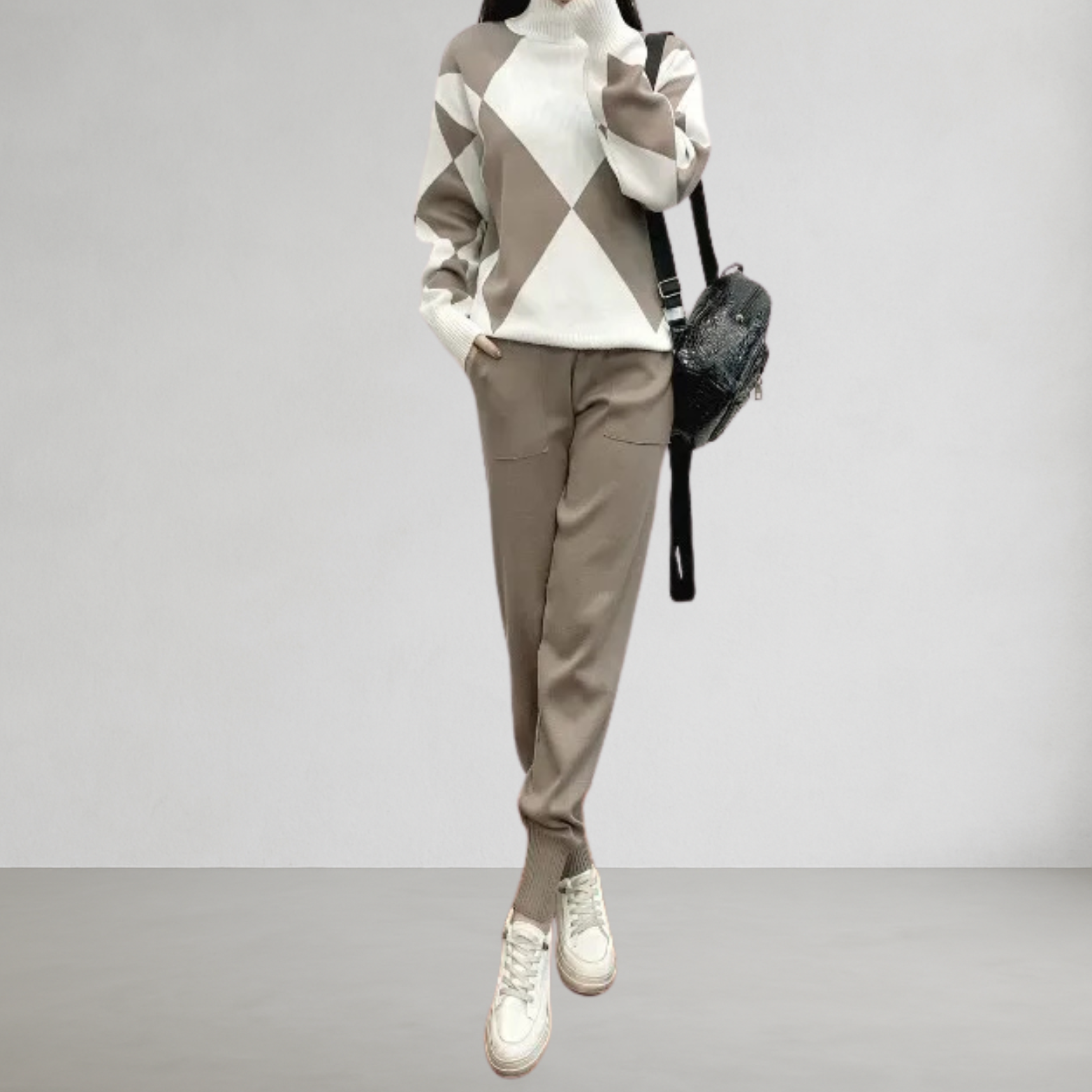 Dames trui en broek set met ruitmotief – 2-delig