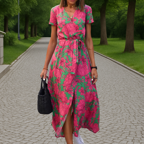 Maxi jurk met V-hals, striksluiting en bloemenprint
