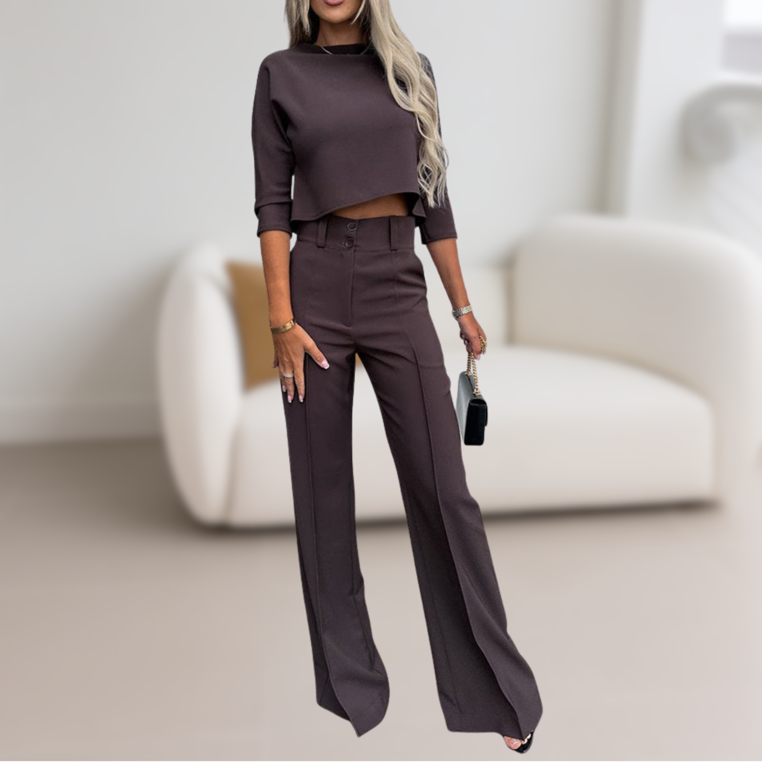 Dames 2-delige set met ronde hals en hoge taille