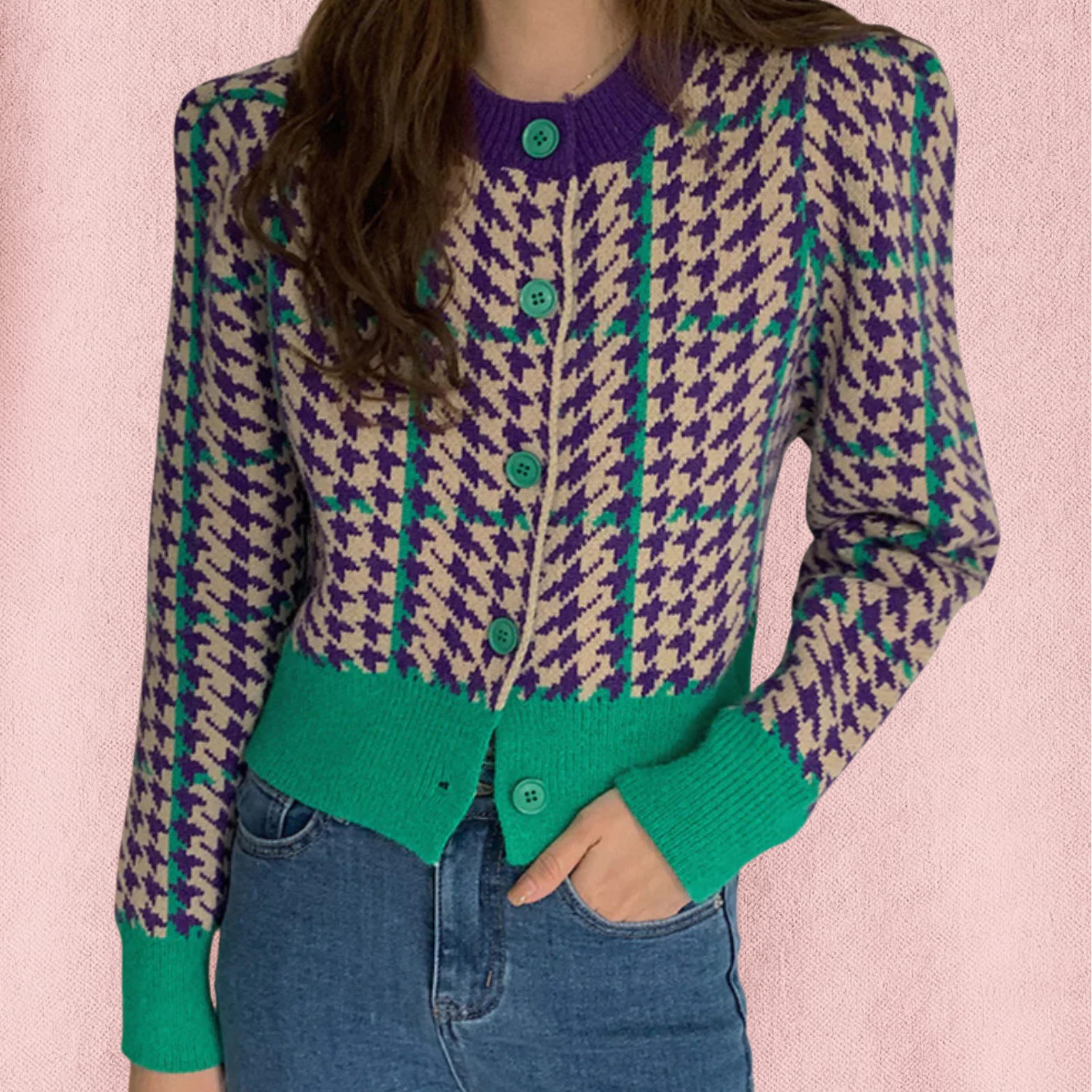 Dames vest met houndstooth patroon en knoopsluiting
