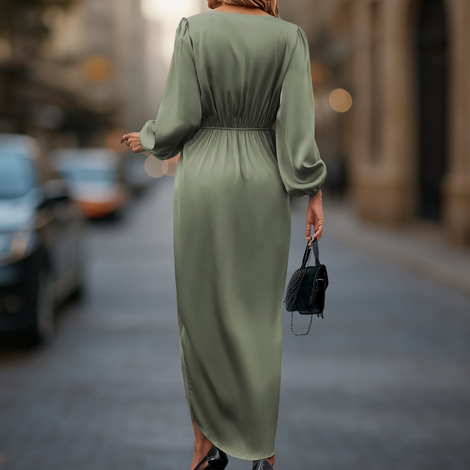 Damesjurk met satijnlook, lange mouwen en taille-accent