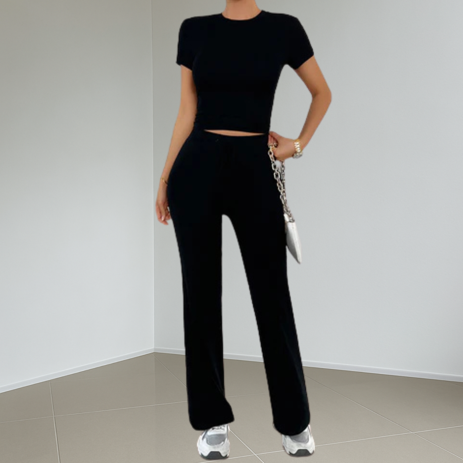 Dames set met ronde hals en elastische taille – 2-delig