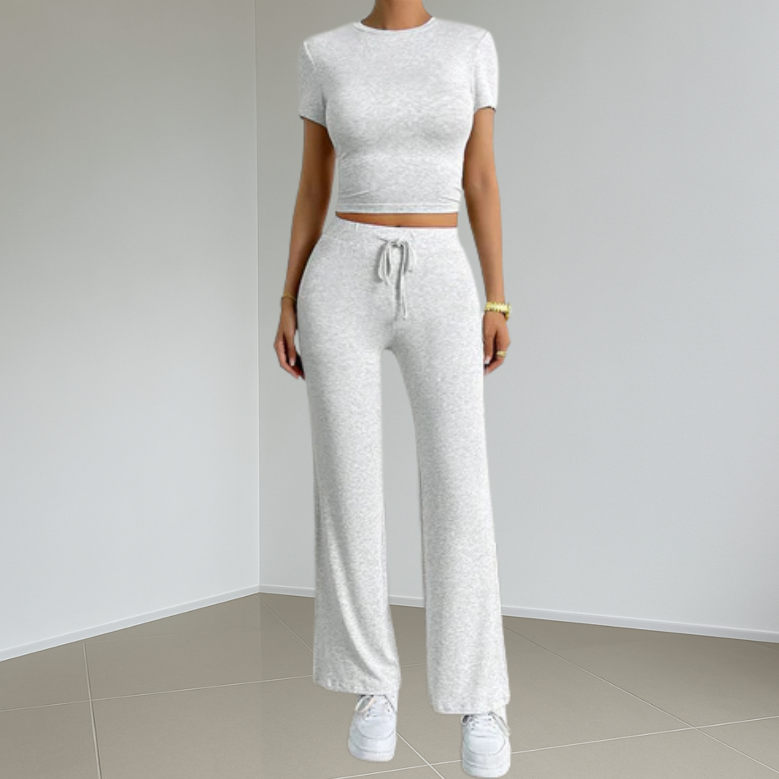 Dames set met ronde hals en elastische taille – 2-delig