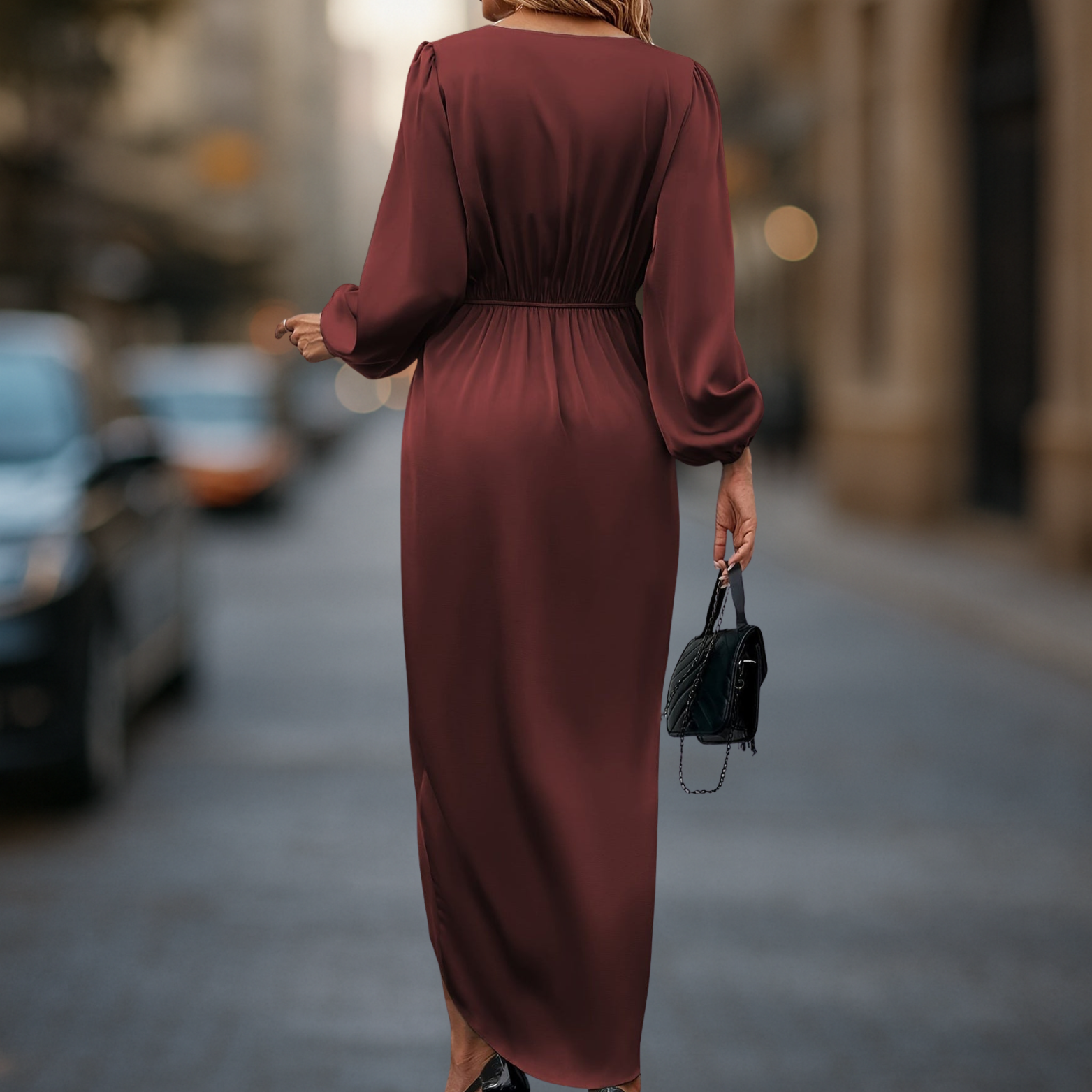 Damesjurk met satijnlook, lange mouwen en taille-accent
