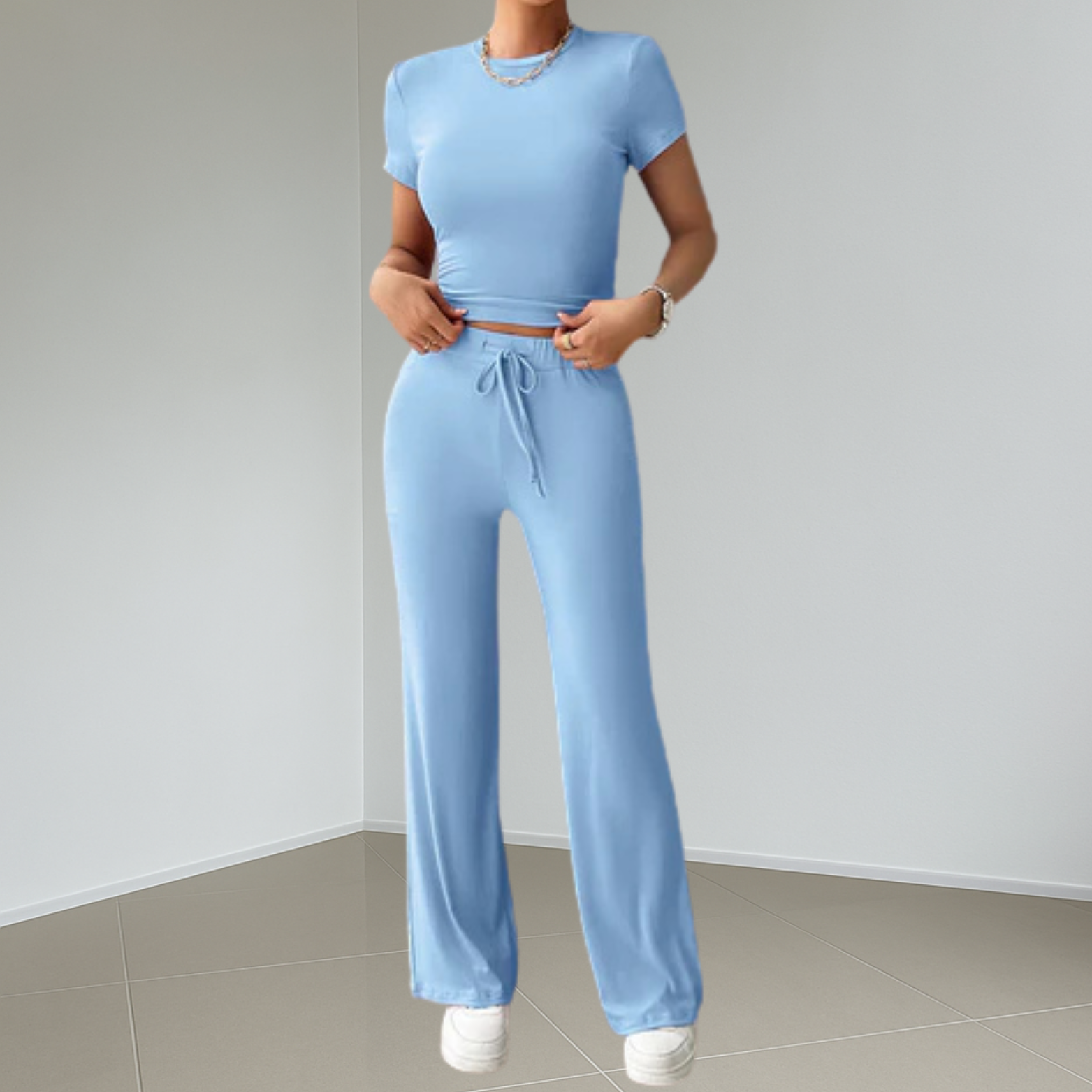 Dames set met ronde hals en elastische taille – 2-delig