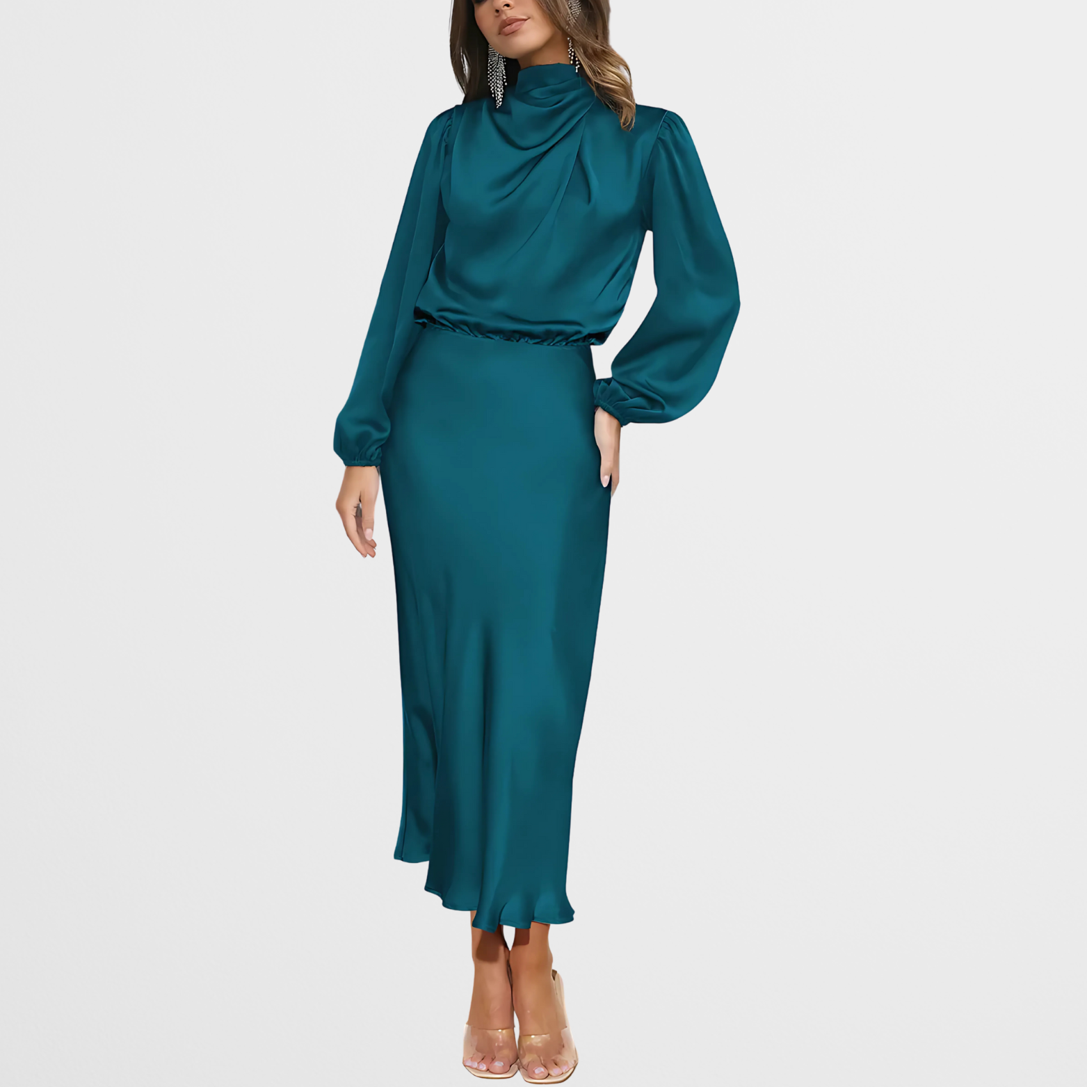 Satijnlook midi-jurk met hoge hals en lange mouwen