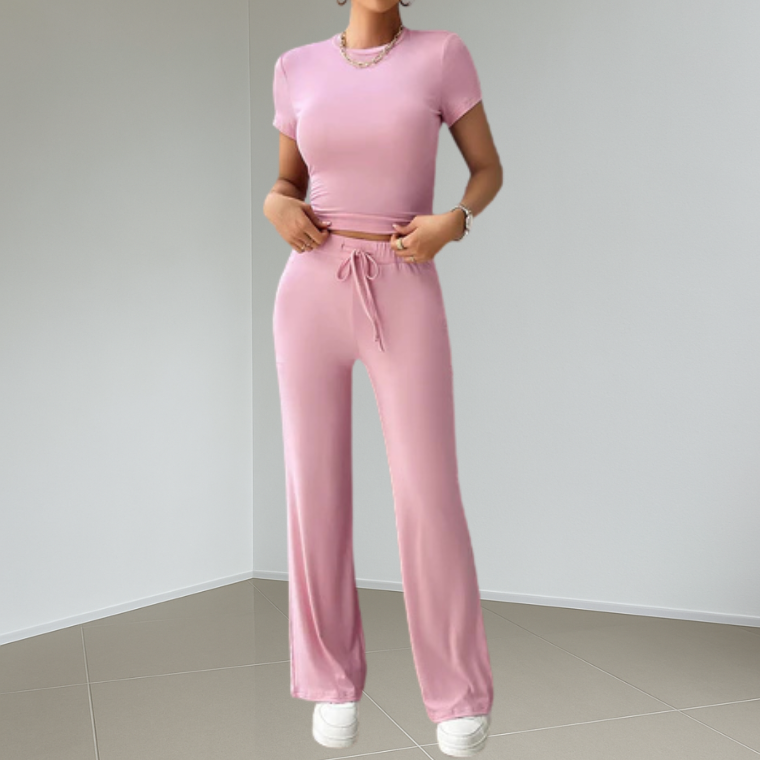 Dames set met ronde hals en elastische taille – 2-delig