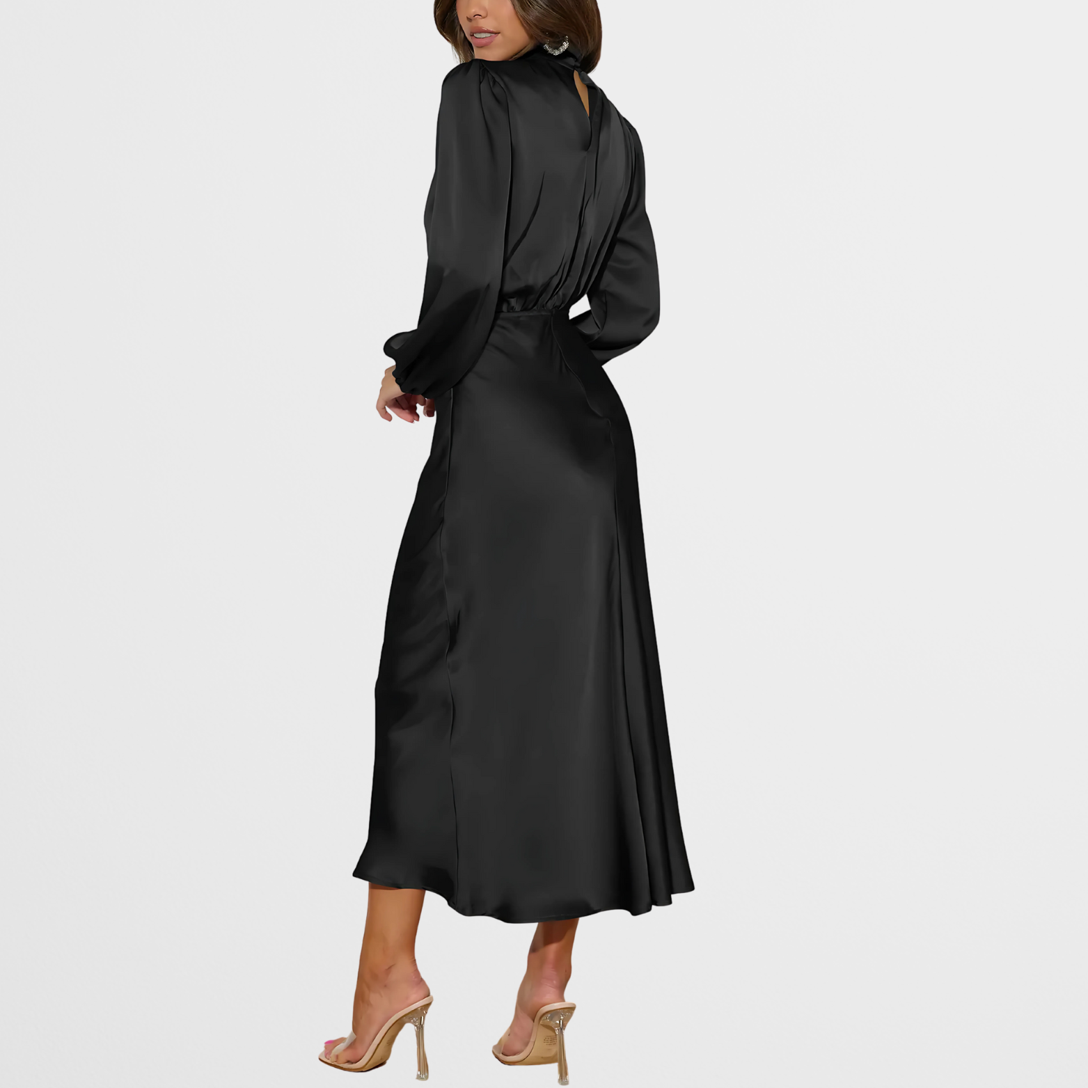 Satijnlook midi-jurk met hoge hals en lange mouwen