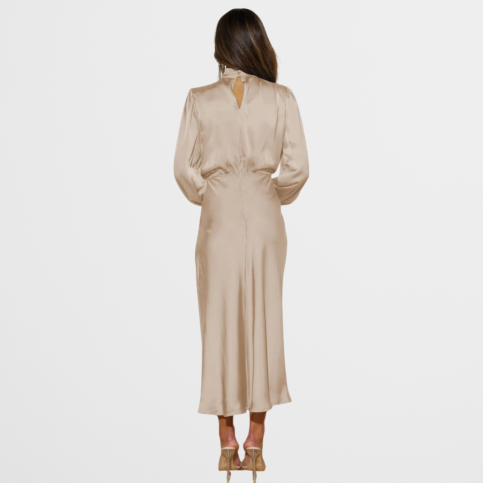 Satijnlook midi-jurk met hoge hals en lange mouwen