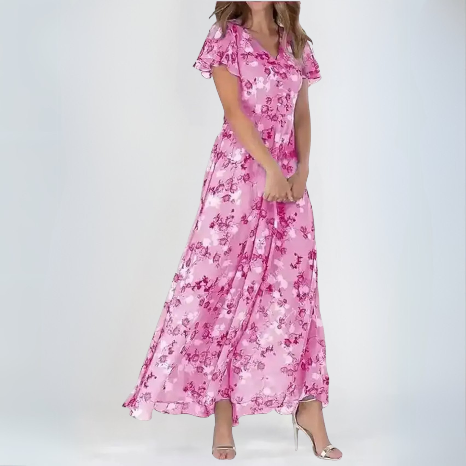 Amara - Elegante Luchtige Maxi BloemenJurk met V-hals