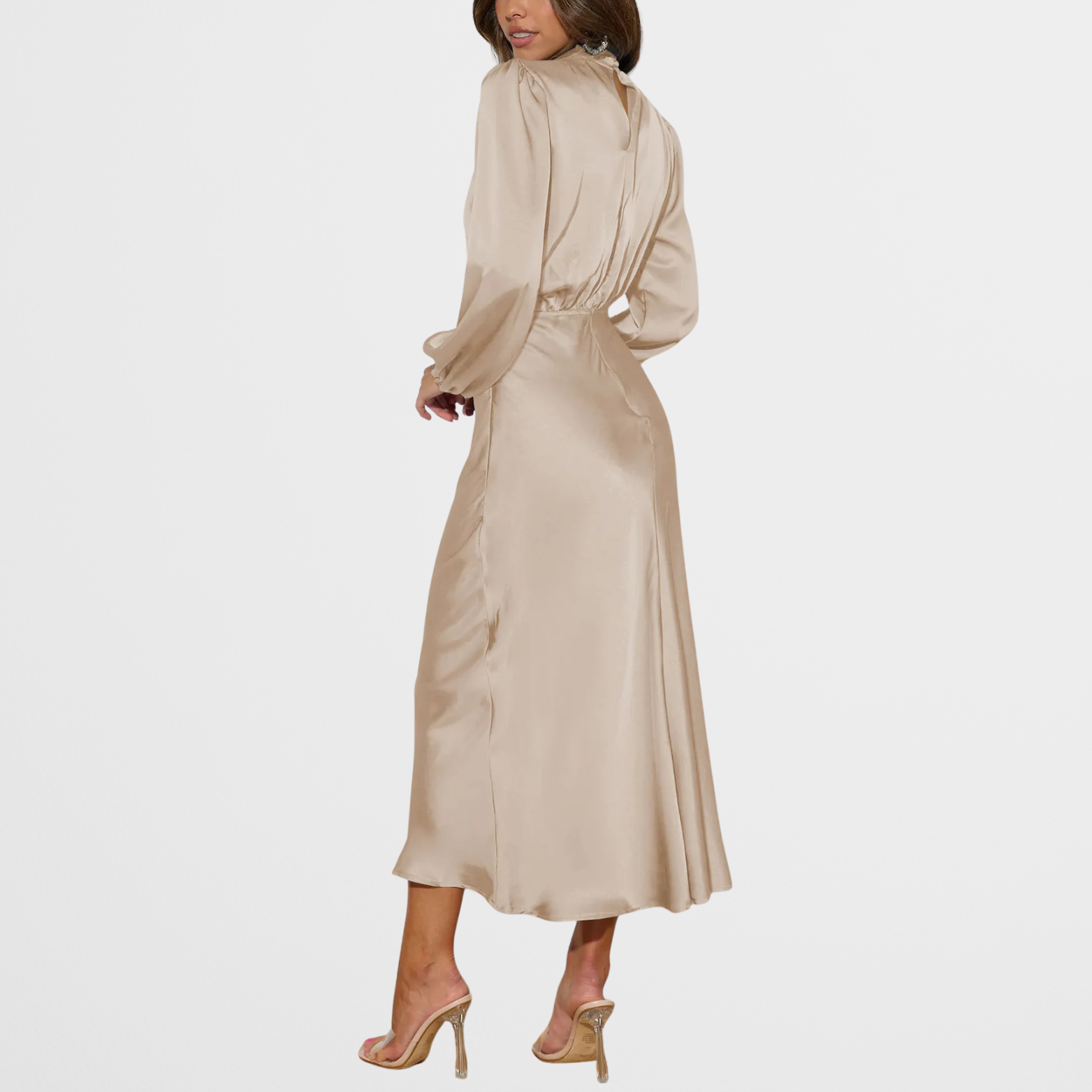 Satijnlook midi-jurk met hoge hals en lange mouwen