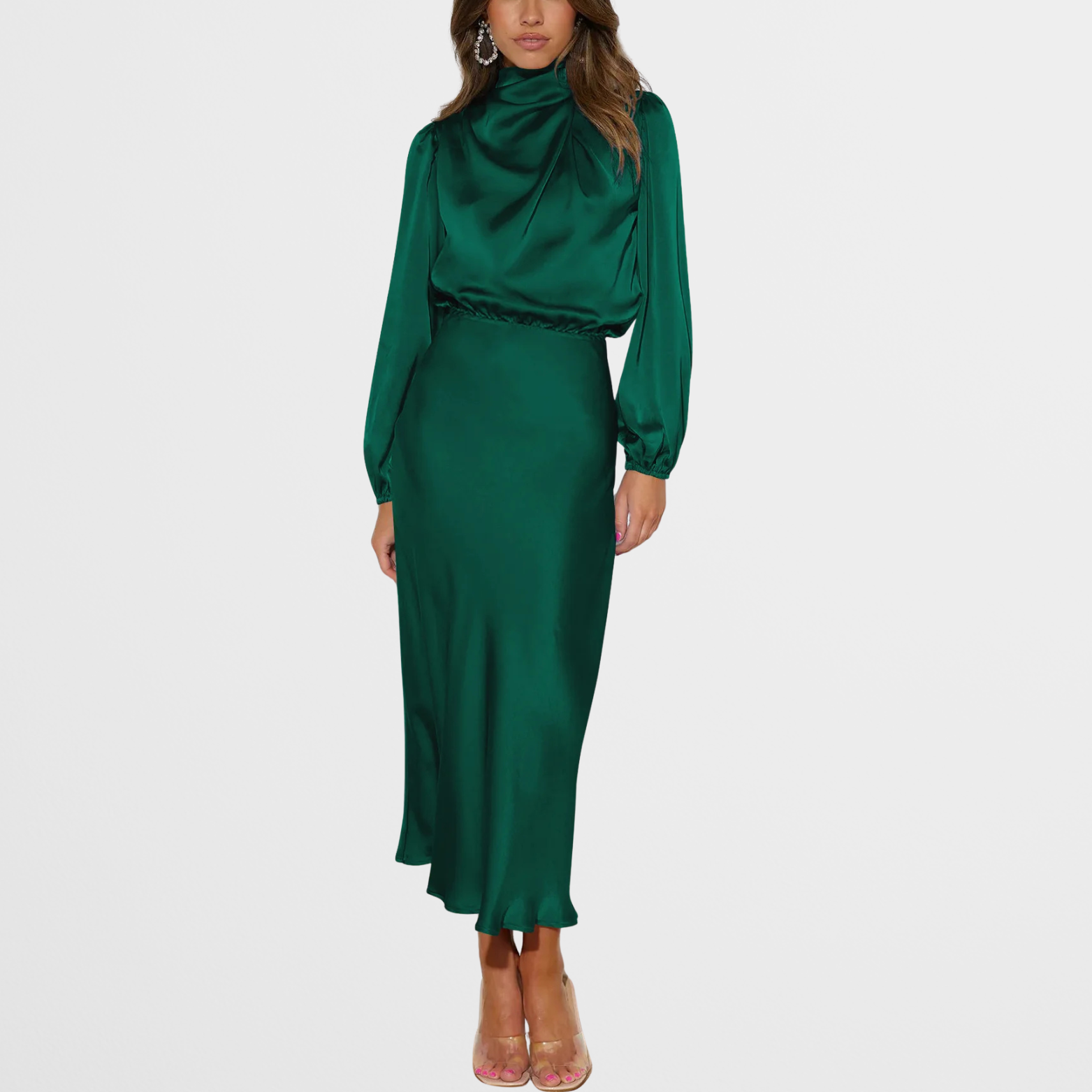Satijnlook midi-jurk met hoge hals en lange mouwen