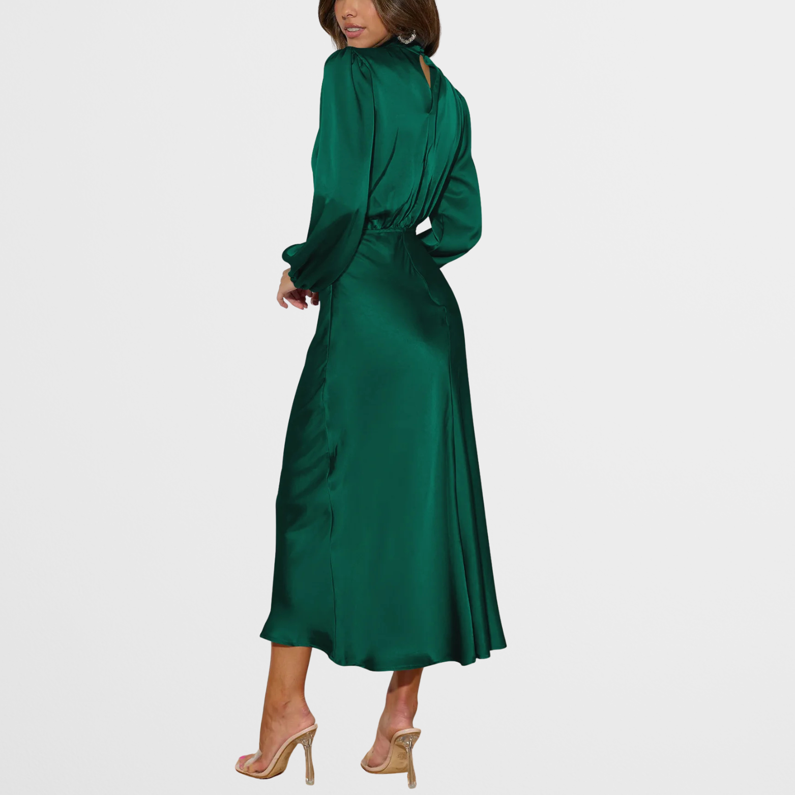 Satijnlook midi-jurk met hoge hals en lange mouwen