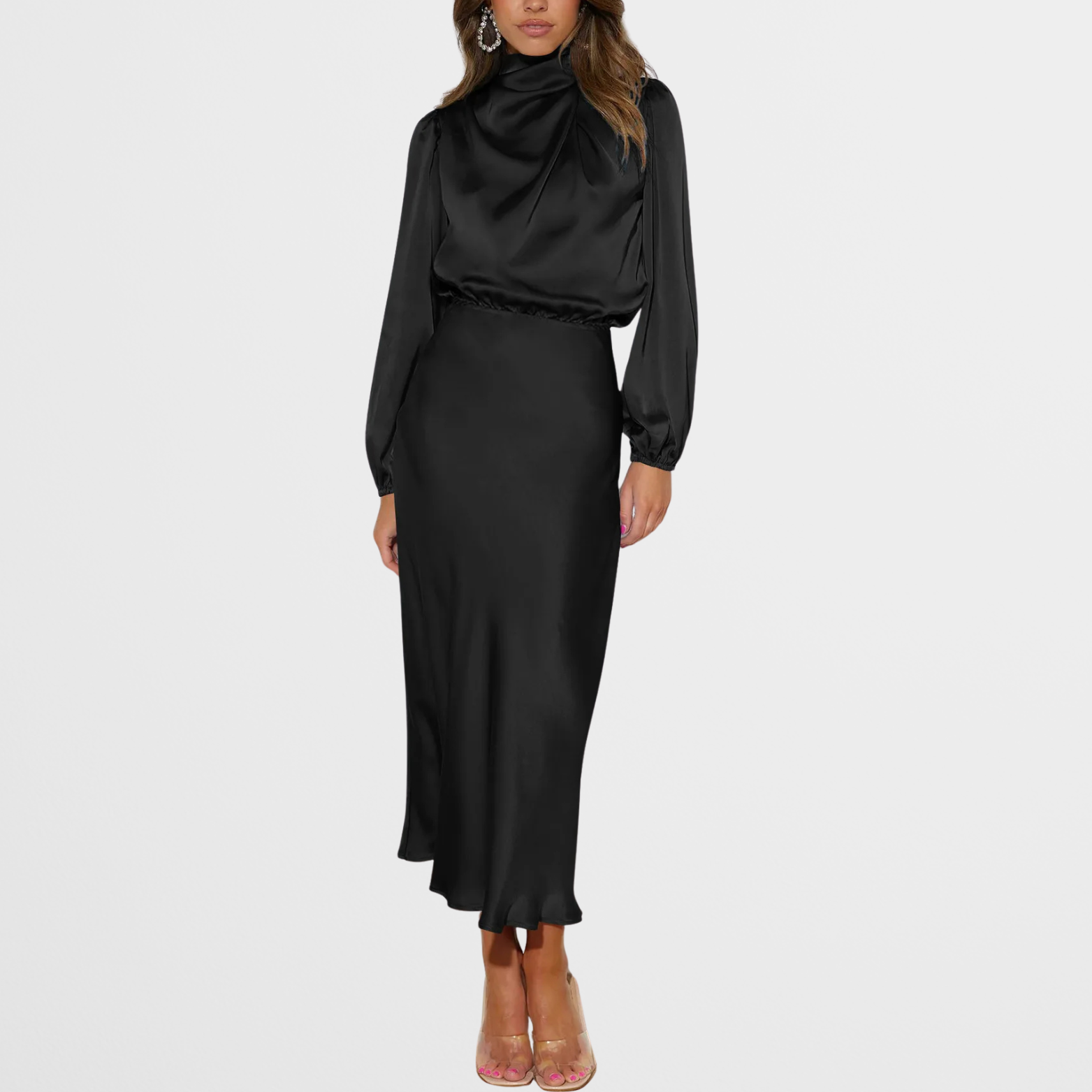 Satijnlook midi-jurk met hoge hals en lange mouwen