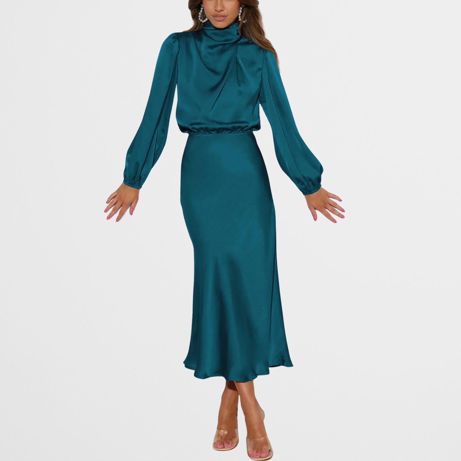 Satijnlook midi-jurk met hoge hals en lange mouwen