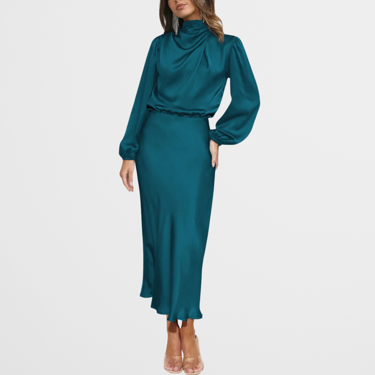 Satijnlook midi-jurk met hoge hals en lange mouwen