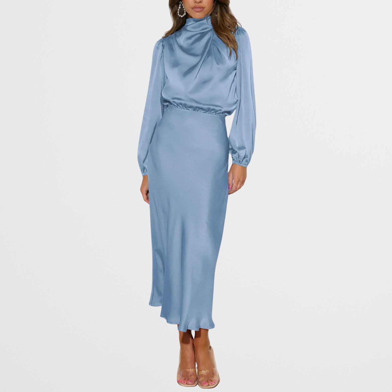 Satijnlook midi-jurk met hoge hals en lange mouwen
