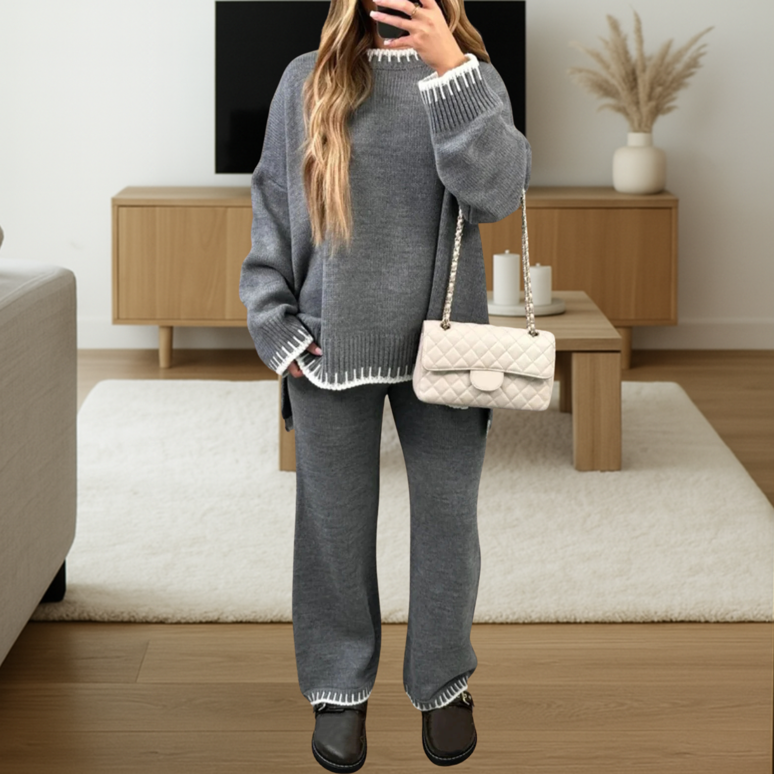 Dames gebreide lounge set – 2-delig met top en broek