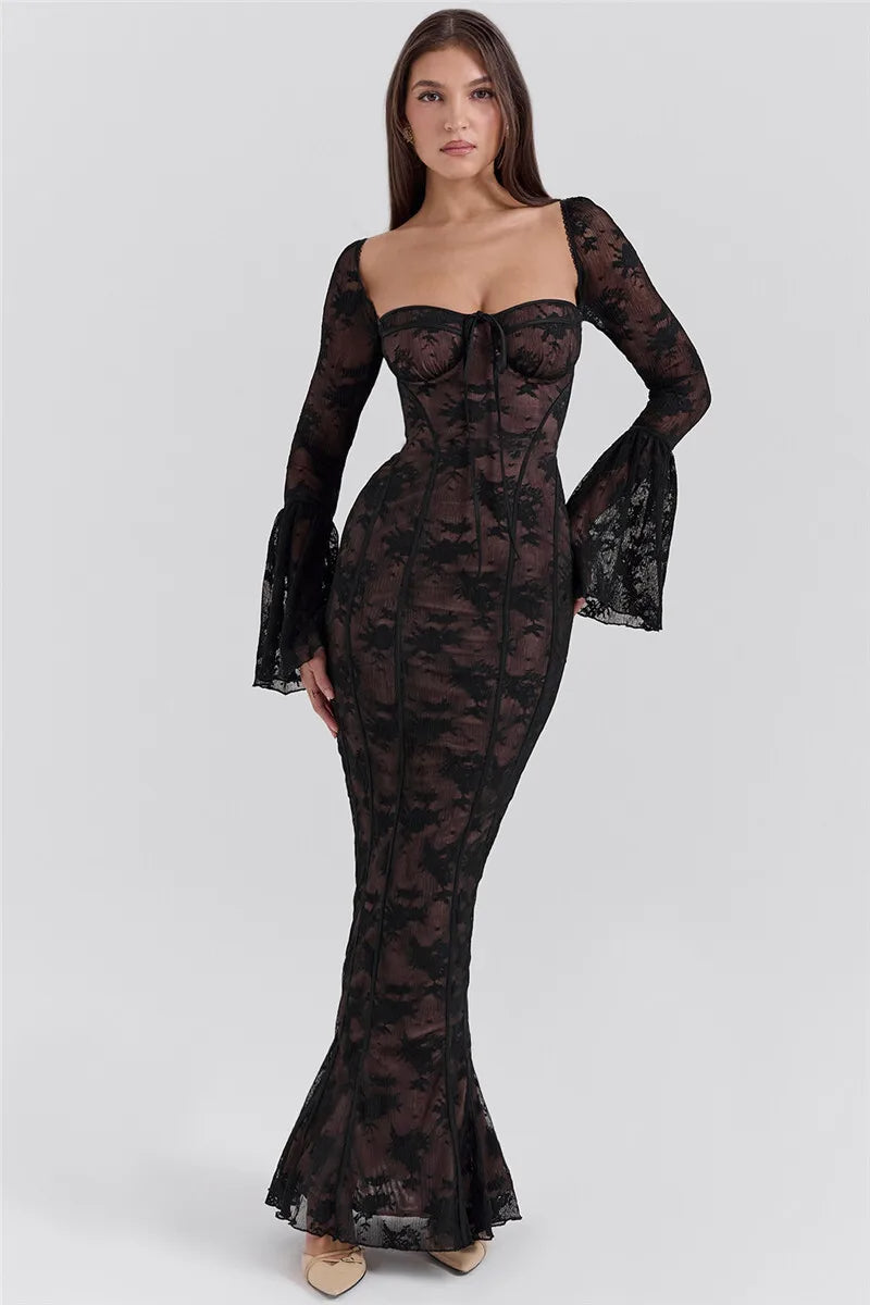 Celeste Lace Maxi Jurk – Lange kanten met wijde mouwen