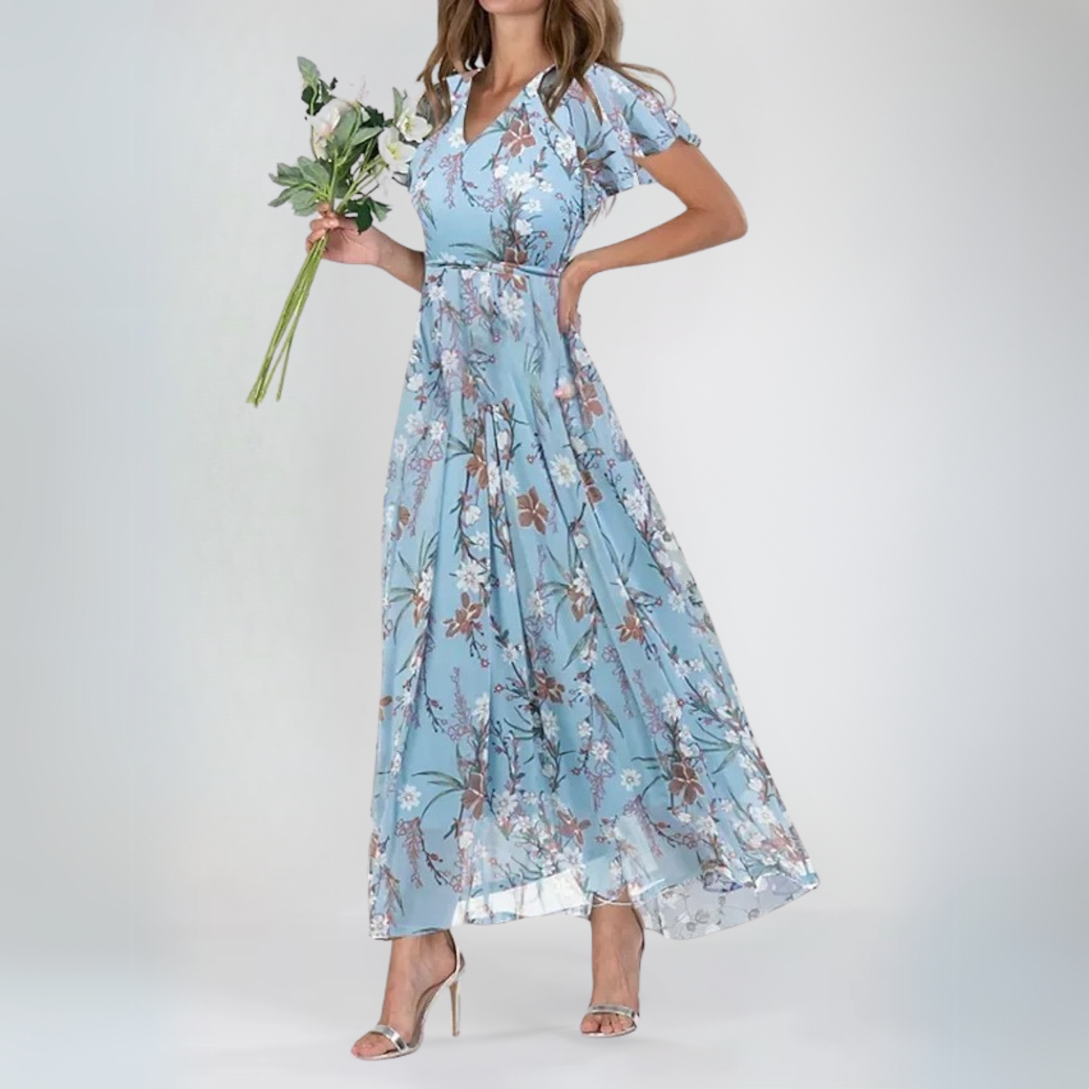 Amara - Elegante Luchtige Maxi BloemenJurk met V-hals