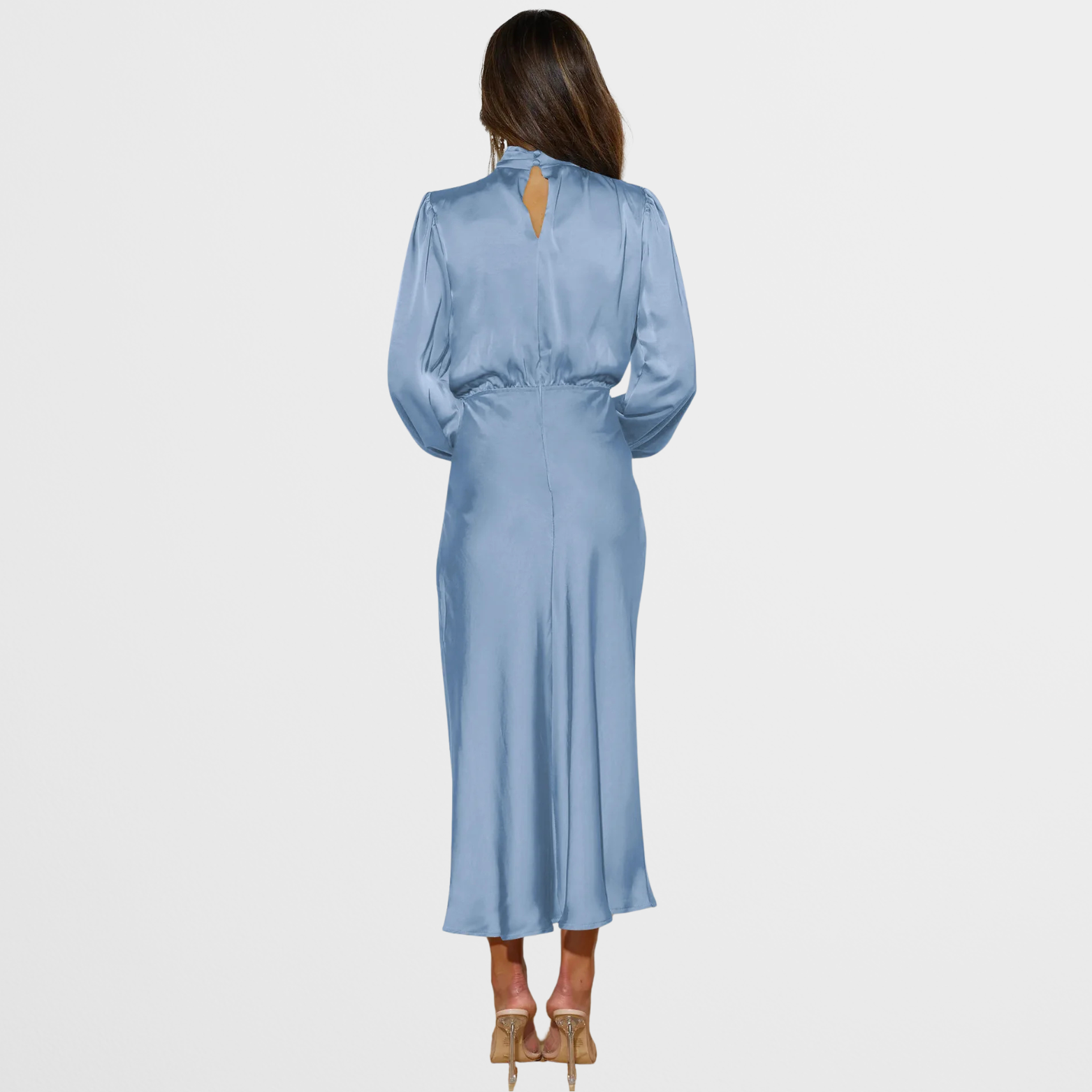 Satijnlook midi-jurk met hoge hals en lange mouwen