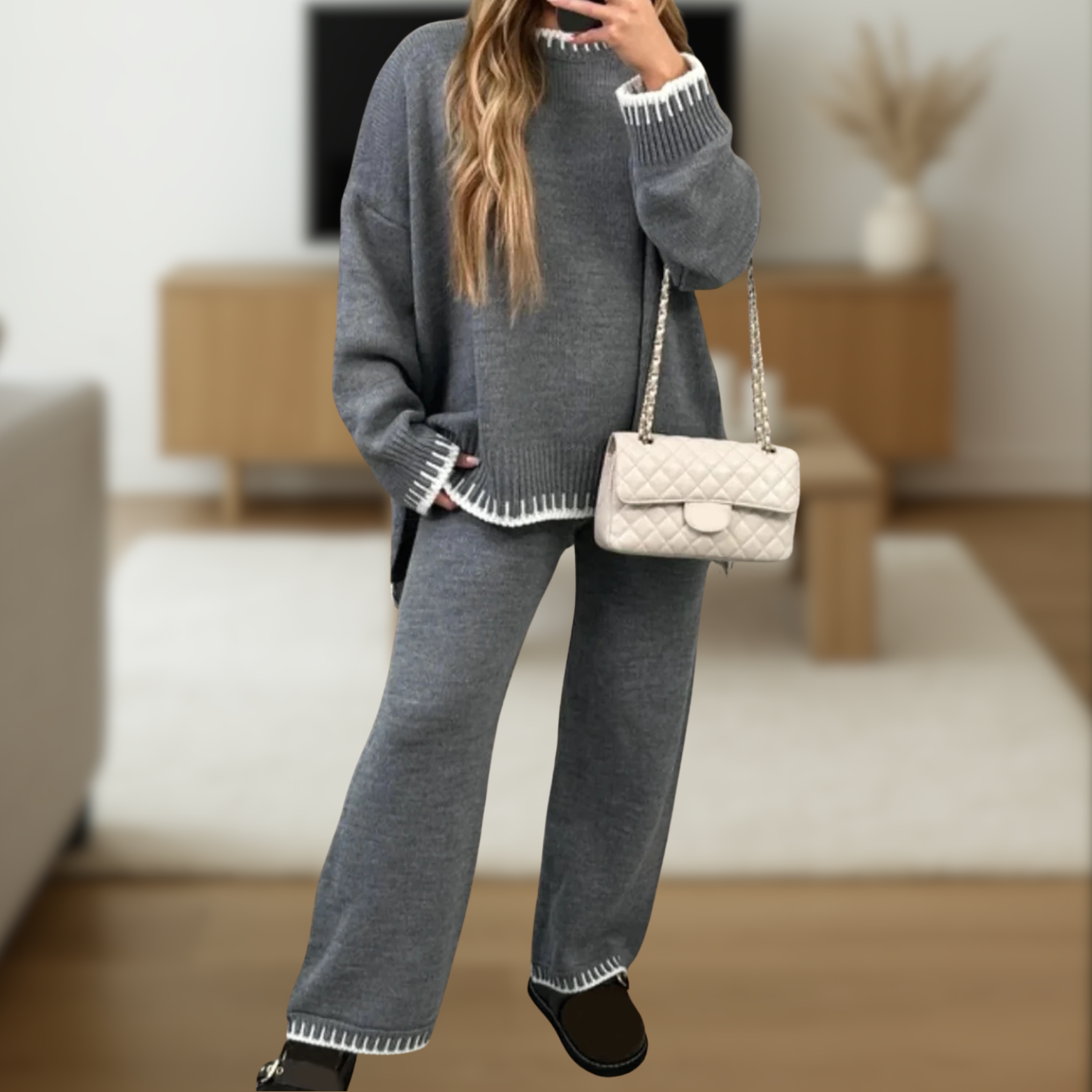 Dames gebreide lounge set – 2-delig met top en broek