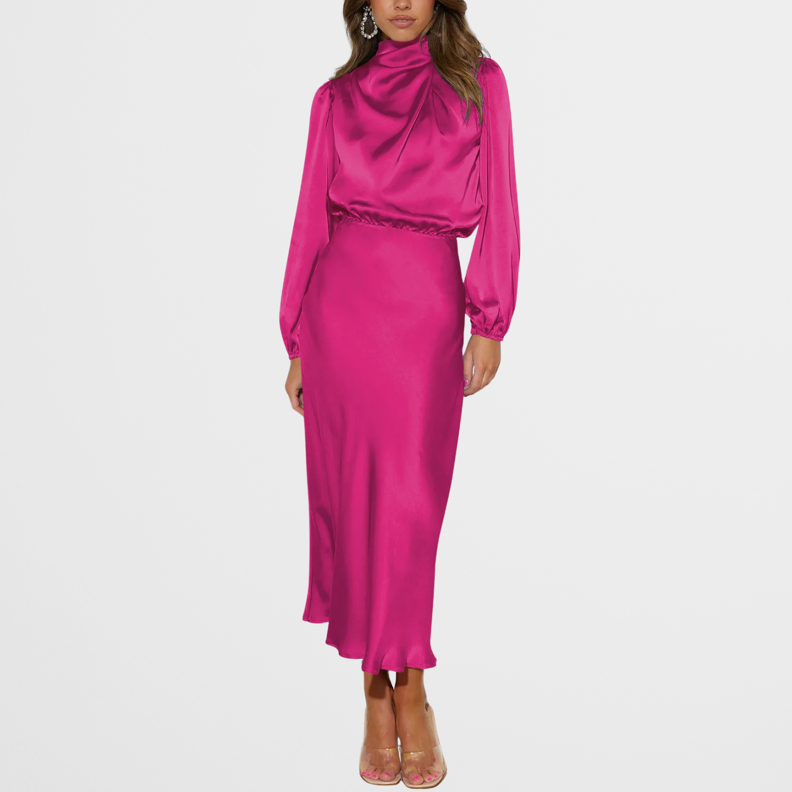 Satijnlook midi-jurk met hoge hals en lange mouwen