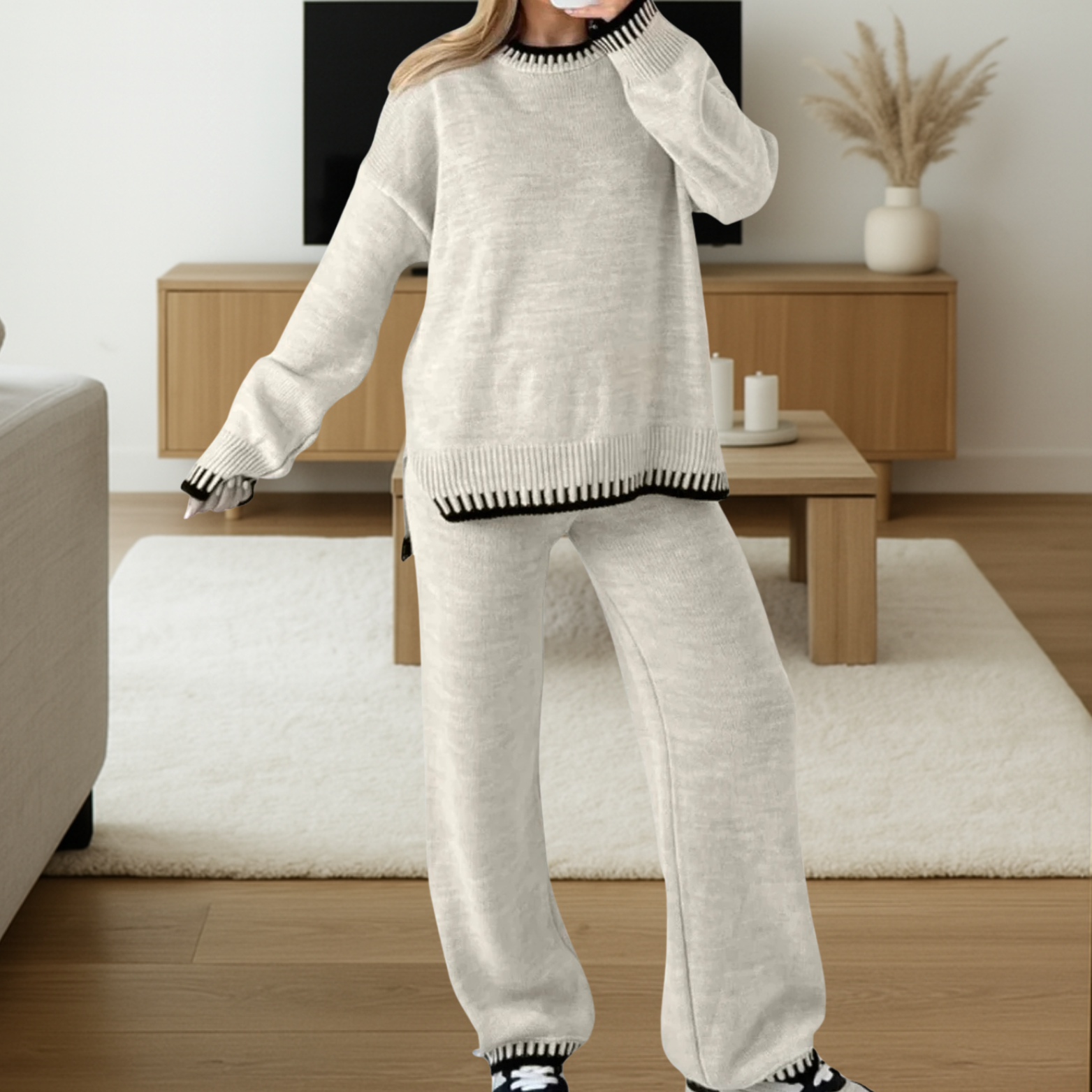 Dames gebreide lounge set – 2-delig met top en broek