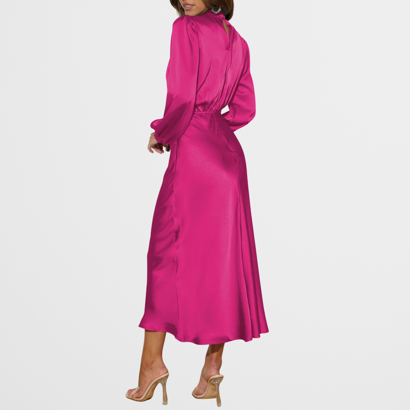 Satijnlook midi-jurk met hoge hals en lange mouwen