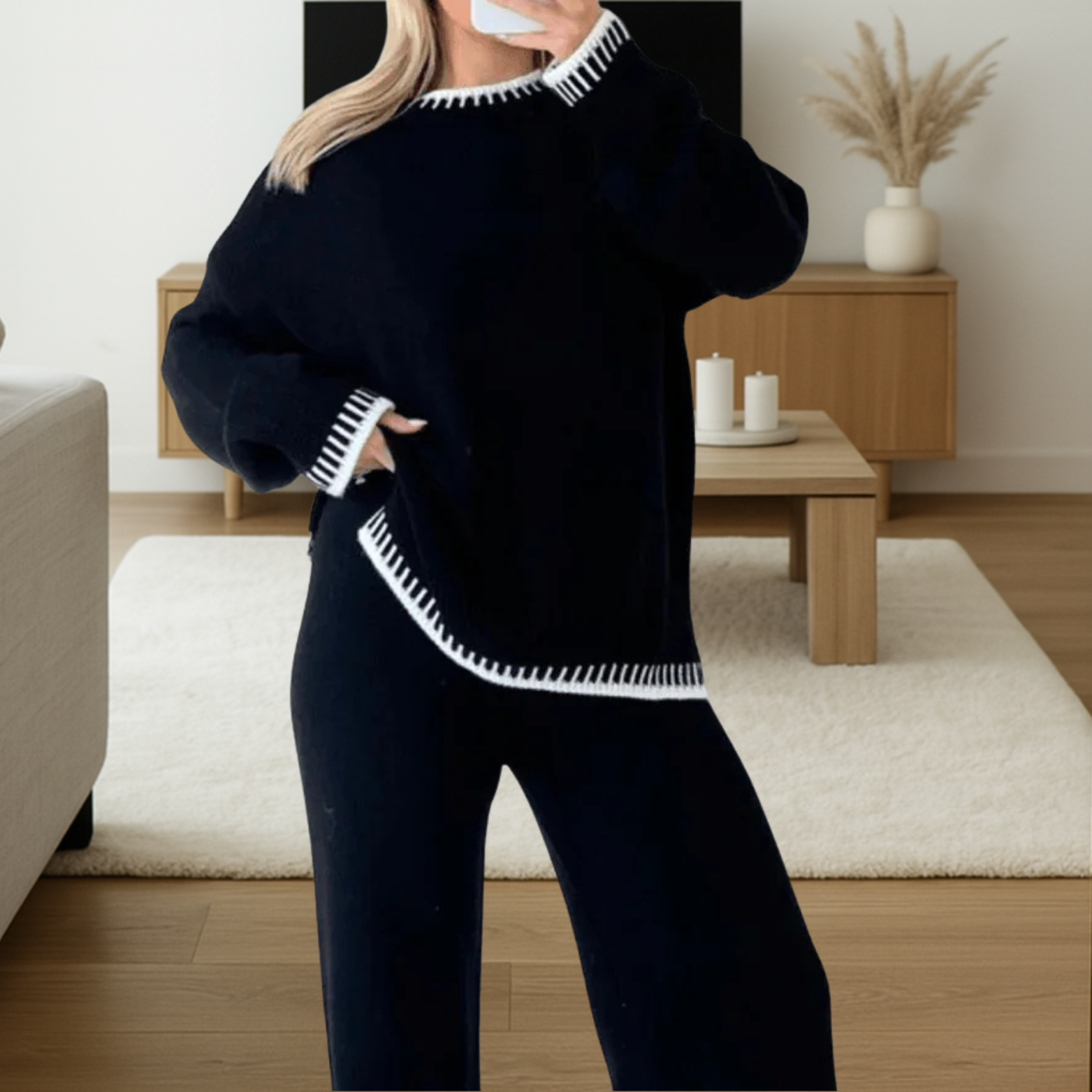 Dames gebreide lounge set – 2-delig met top en broek