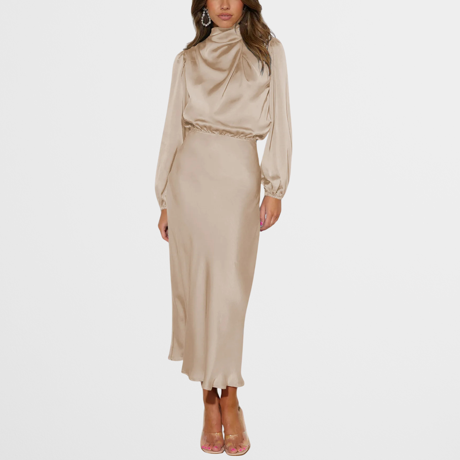 Satijnlook midi-jurk met hoge hals en lange mouwen