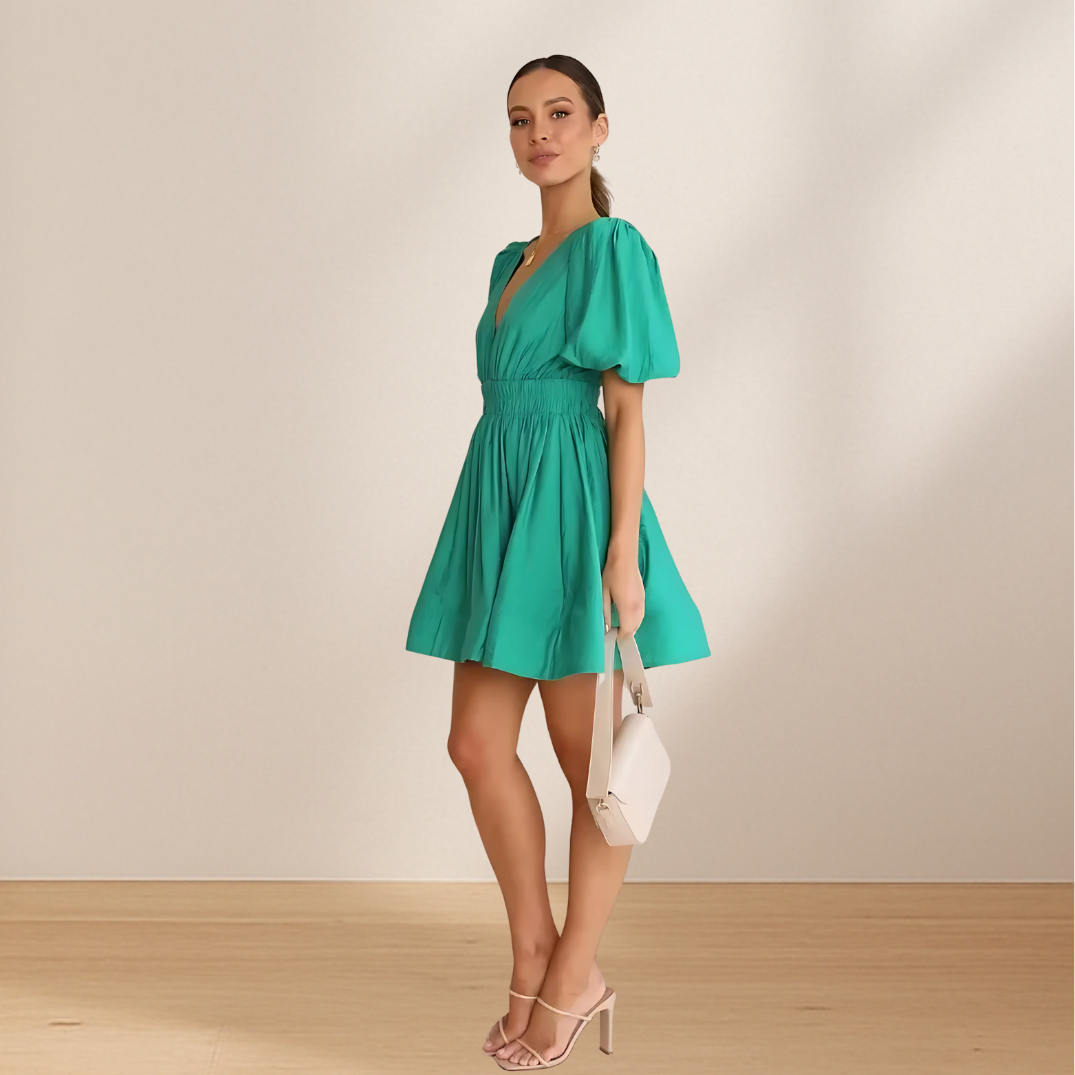 Dames midi-zomerjurk met V-hals en pofmouwen