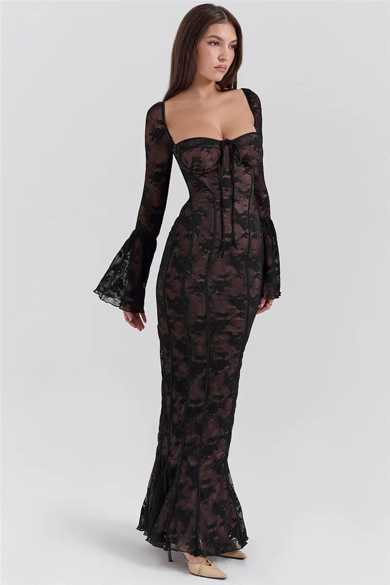 Celeste Lace Maxi Jurk – Lange kanten met wijde mouwen