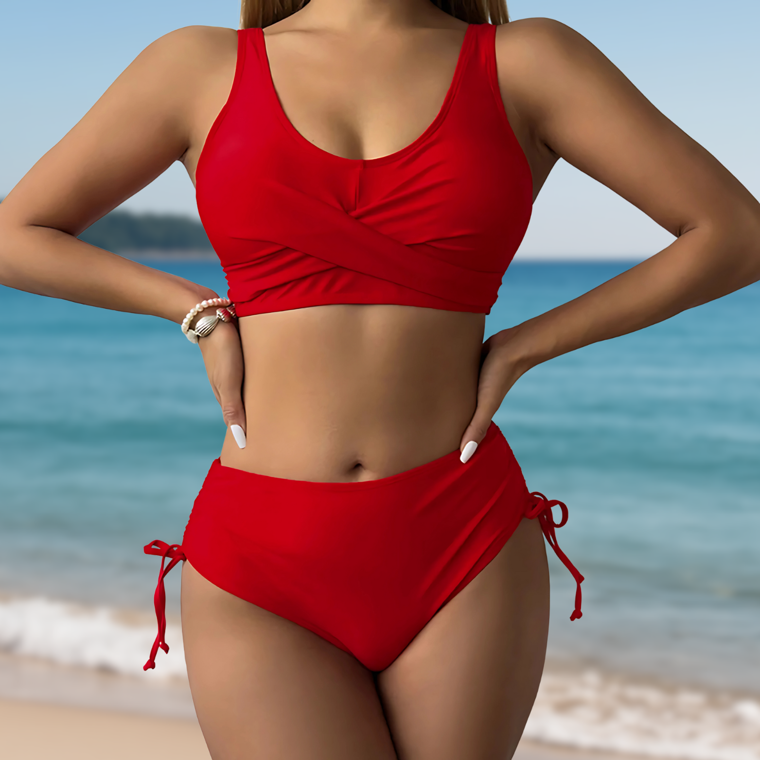 Bikini set met hoge taille en kruislings bandjes met verstelbare striksluiting