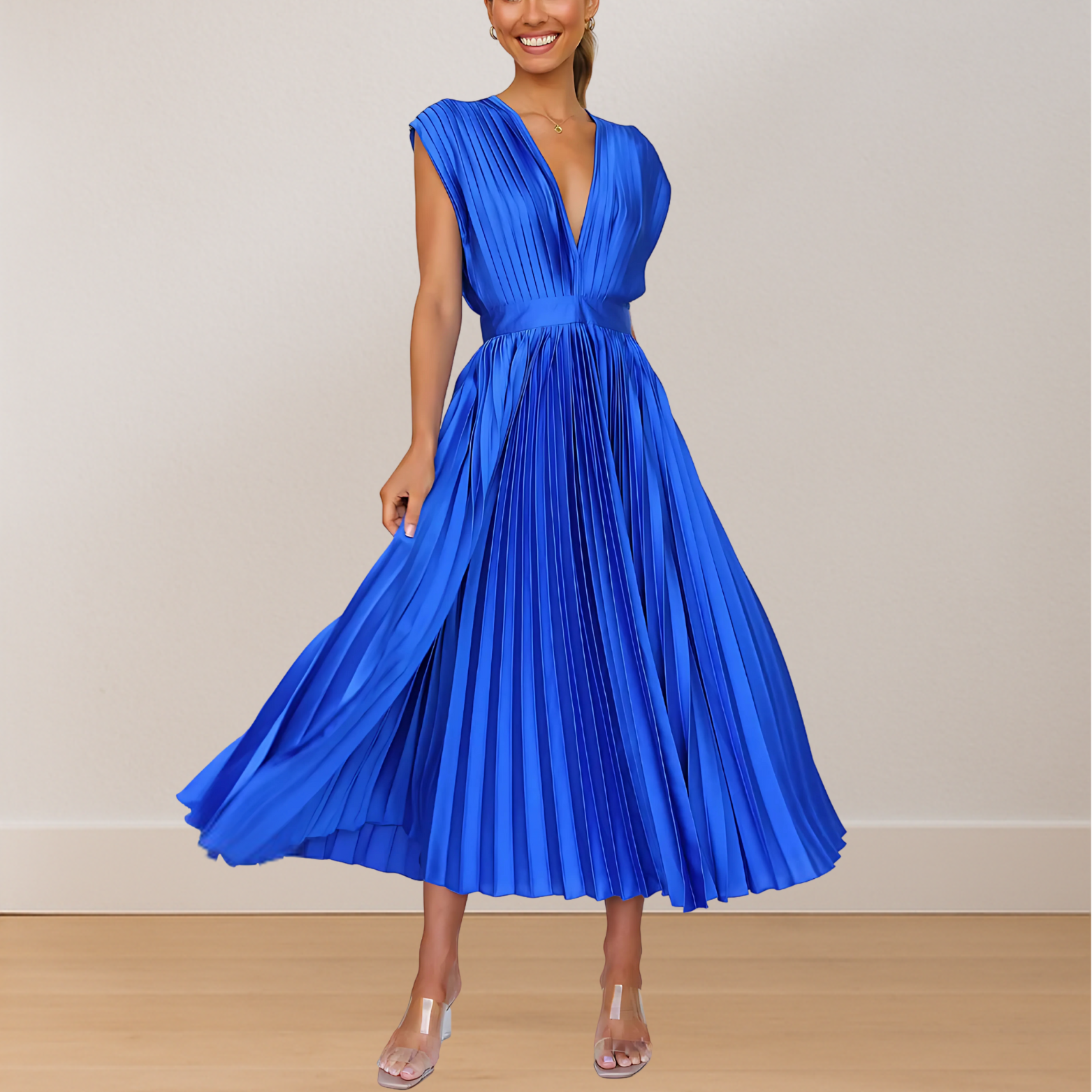 Mouwloze dames maxi jurk met V-Hals en striksluiting achter